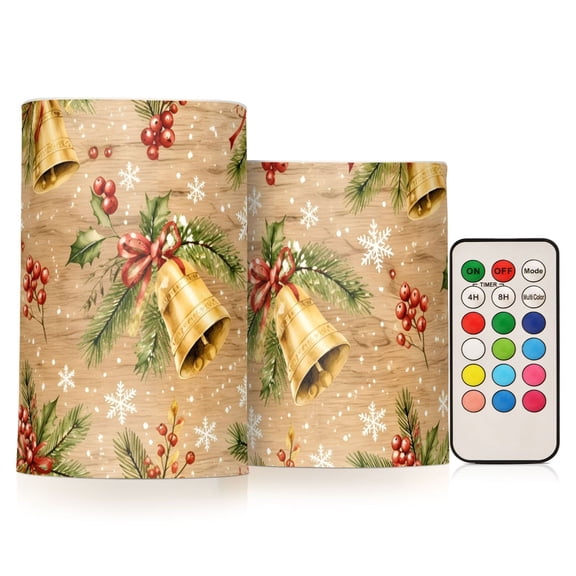 Christmas Red Fruit Bells Flameless Candles Flickering with Remote and Timer Battery Operated LED Pillar Candle Set of 2
