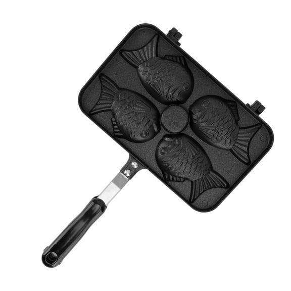 4 Grids Taiyaki Frypan Non Stick Double Sided with Black Anti Scalding Handle, Portable Fish Shape Aluminium Alloy Waffle Maker Pan for Kitchen