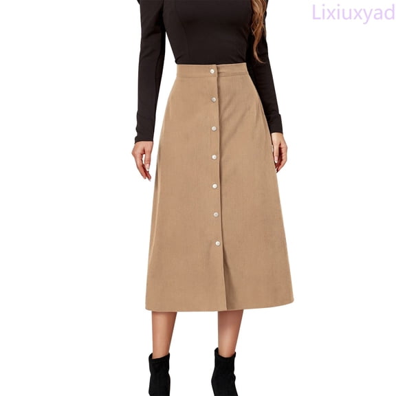 Lixiuxyad Women's Midi Skirt Women's Long Skirt Solid High Waist Skirt Corduroy Hip Wrap Single Breasted Slim Fit Solid Skirt Fall And Winter,Beige