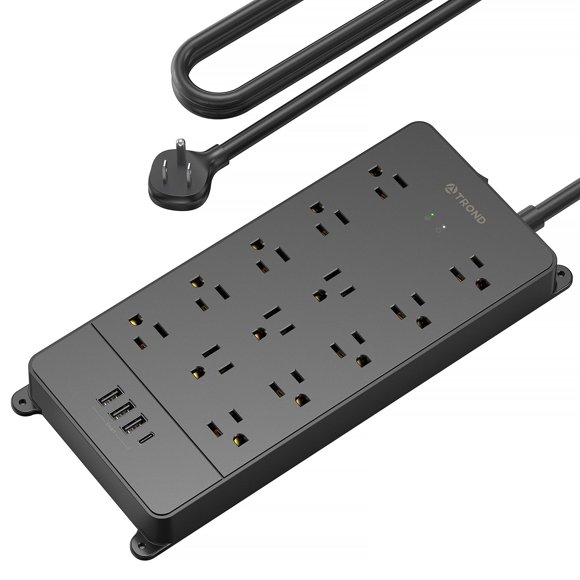 TROND Regleta protectora contra sobretensiones, 4000 julios, certificación ETL, expansión de 13 tomas de corriente ampliamente espaciadas con 4 puertos USB C, enchufe plano de perfil bajo, montaje en