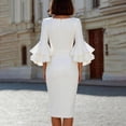 thumbnail image 4 of Karymi Cocktail Dresses for Women Elegant Solid Midi Sheath Dress, Crew Neck Tiered Bell 3/4 Sleeve Slim Fitting Knee Length Formal Party Wedding Guest Dress, 4 of 6
