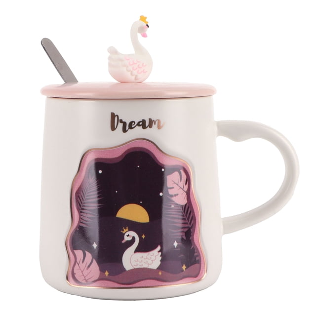 Taza de animales en relieve, taza de café bonita de dibujos animados con tapa, cuchara, taza de regalo para pareja para beber cisne