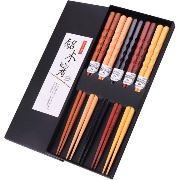 Kiyora Natural Wood Japanese Style Reusable Chopsticks, 8.8 inch, 5-Pair Gift Set