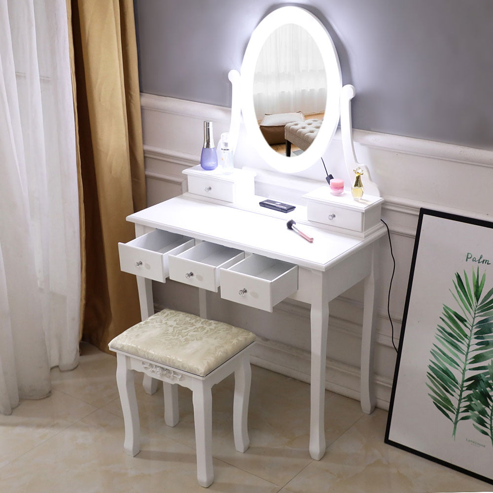 Details about   Makeup Vanity Wood Table Set LED Light Mirror Dressing Desk with Drawers Stool 