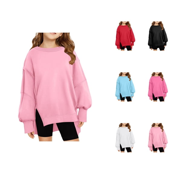 Girls Plain Sweatshirts 2025 Long Sleeve Crewneck Oversized Side Slit Basic Sweatshirt Kids Pullover Tops