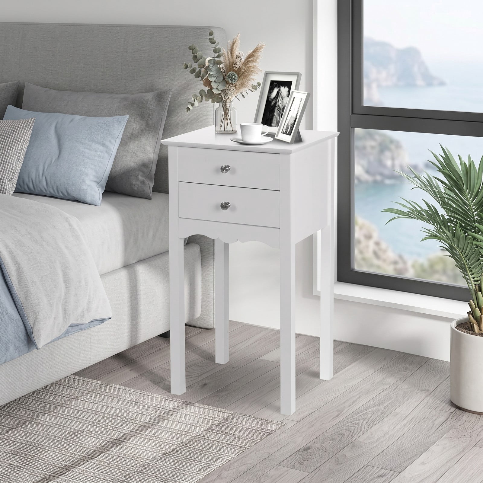 Furnibear 2-Drawer Side Table, Modern MDF End Accent Table with Vintage Metal Handles, High Gloss Nightstand Bedside Storage Table for Living Room Bedroom Dorm, White