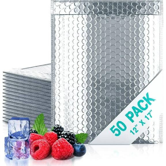 Silver Thermal Bubble Mailer, 12 x 17 Inches. 50 Pack Metallic Bubble Mailers. Self-Seal Metallic Bubble Envelope. Waterproof Insulated Shipping Envelopes for Food, Cosmetics
