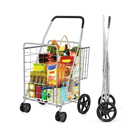YYAo Shopping Wagon Cart,Folding Shopping Cart for Laundry with Swiveling Wheels and Dual Storage Baskets-Sliver