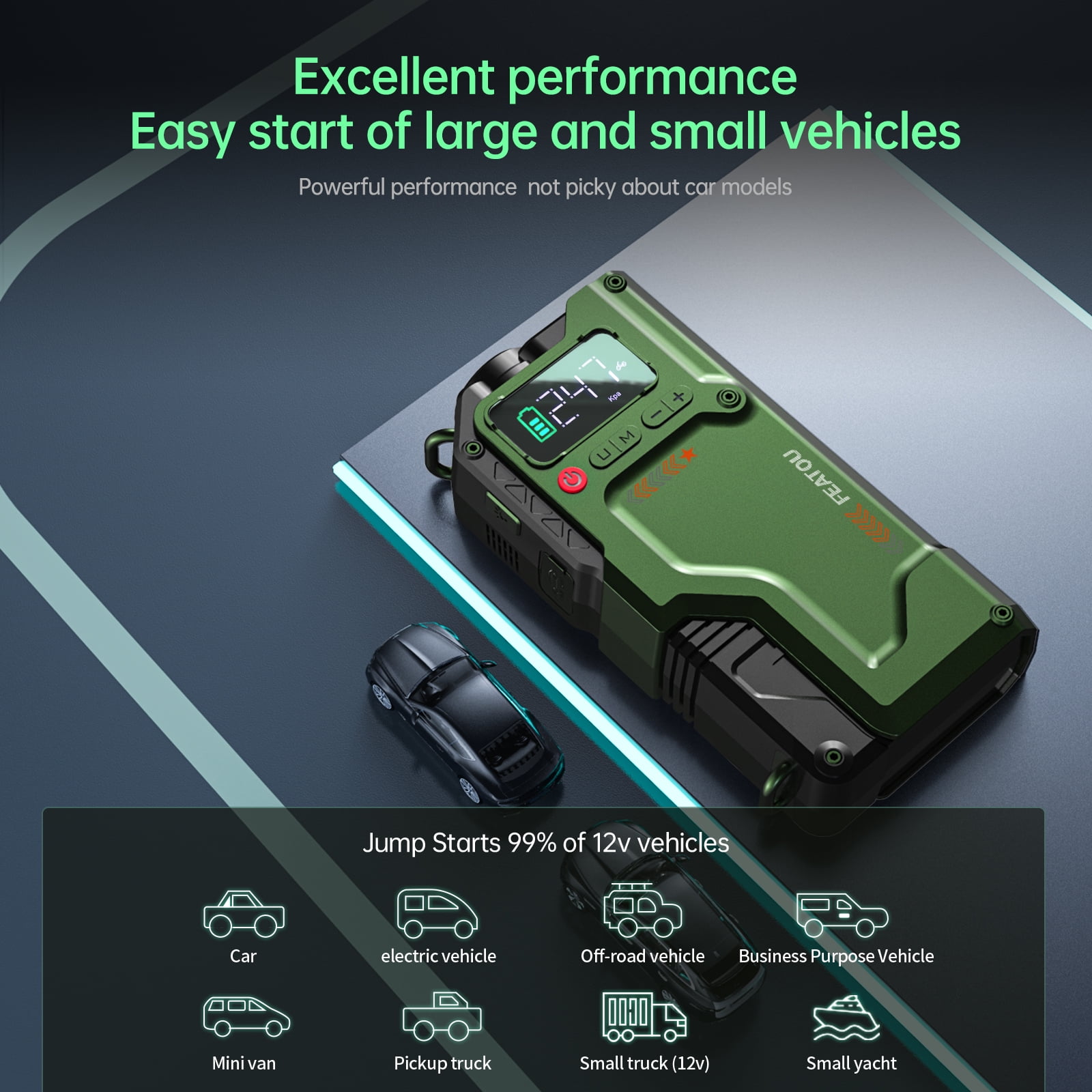 FEATOU Car Jump Starter with Air Compressor, 8000A Peak 12V Battery Jump Starter (for 8.5L Gas or 7.0L Diesel Engine),12V Auto Jump Box with LED Light, USB Quick Charge 3.0