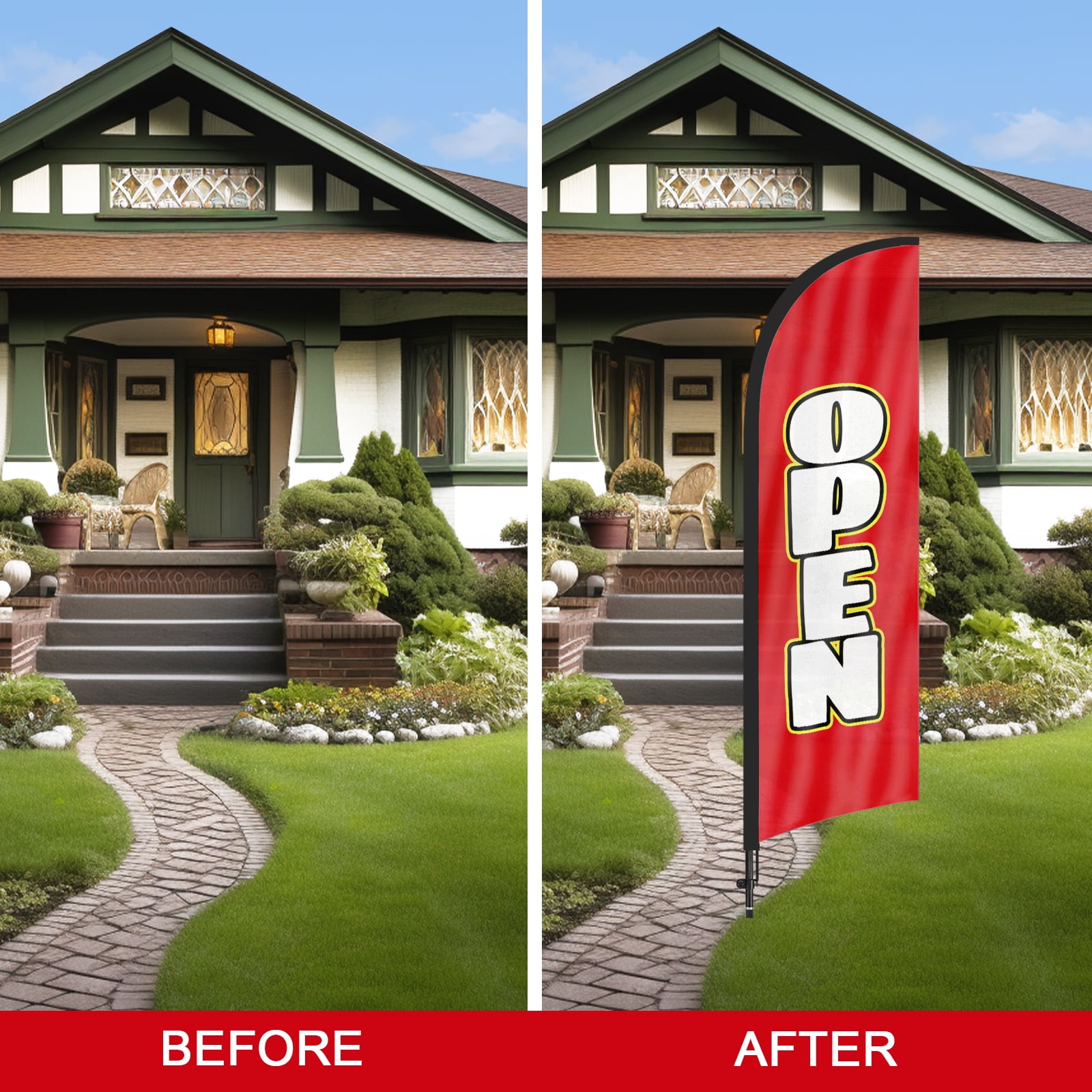 QSUM Open Feather Flag with Flag Pole Kit and Ground Spike, 8.2FT Open Windless Flag Banner Sign Business for Outdoor Advertising Sign Decoration Display(Red&White)