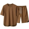thumbnail image 2 of HVOBTTY Mens Casual Pajama Set, Summer Pajama Set for Men, Men's Plus Size Soft Solid Color Crew Neck Short Sleeve Top and Shorts Elastic Waist Comfy 2 Piece Pajama Set Coffee, XXXL, 2 of 4