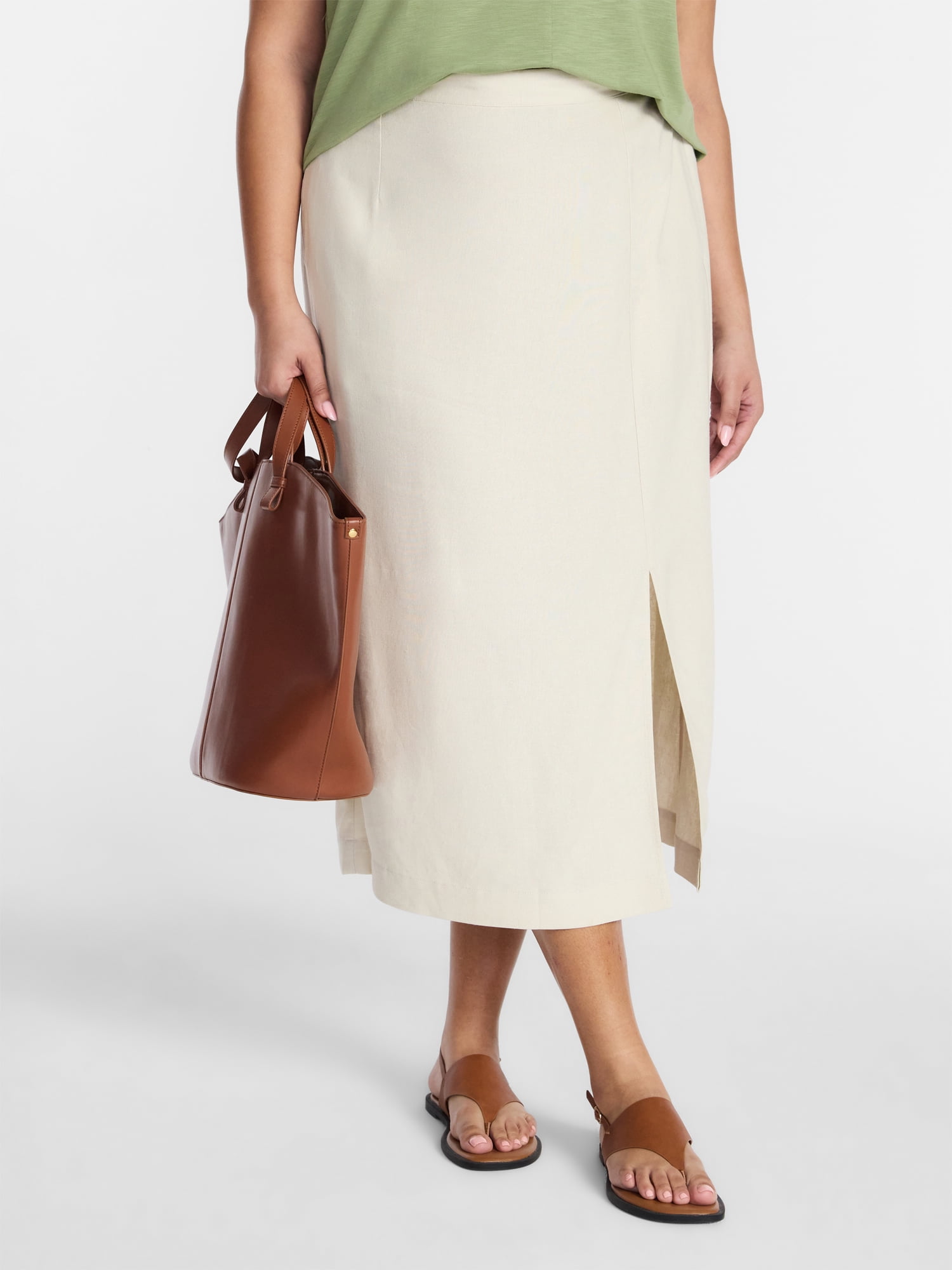 Time and Tru Women's and Women’s Plus Linen Blend Midi Skirt with Side Slit, Sizes XS-XXXL