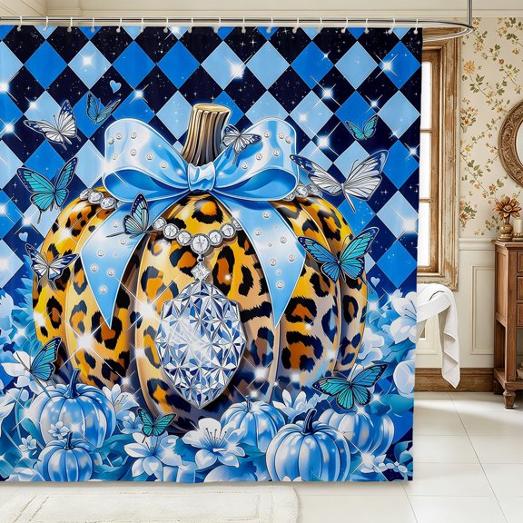 Erosebridal Leopard Pumpkin Shower Curtain 72Wx72L,Glam Fall Bathroom Curtain,Blue