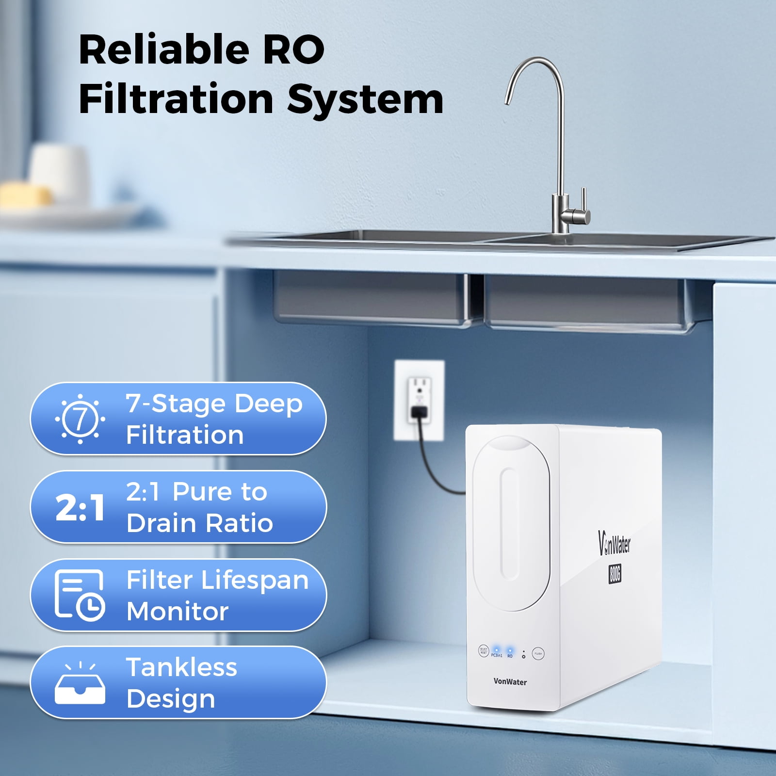 VonWater 600GPD Tankless Reverse Osmosis Water Filter System, 2:1 Pure to Drain Under Sink RO Water Filtration System