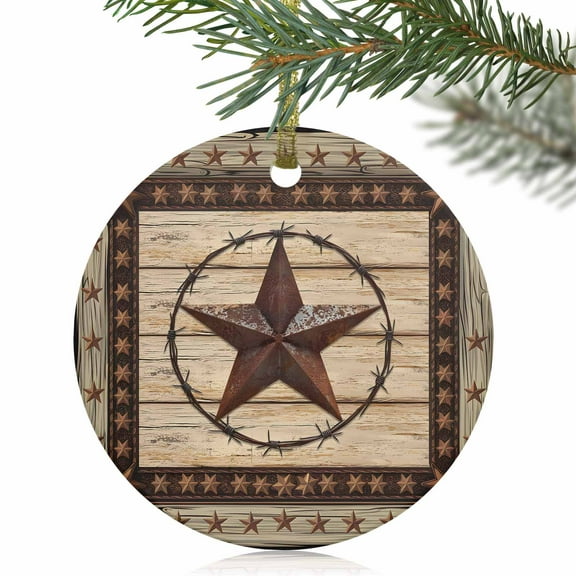 Retro Rustic Texas Country Star Christmas Ceramic Ornament 2025,3" Round Xmas Tree Hanging Accessories with Gold Ribbon