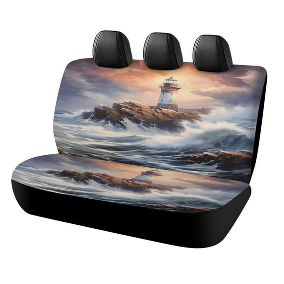 Lighthouse Sunrise Coast Scenery Pale Blue Tan Print Car Accessories Car Rear Seat Covers Fashion Auto Back Seat Protector Decoration Universal Auto Interior