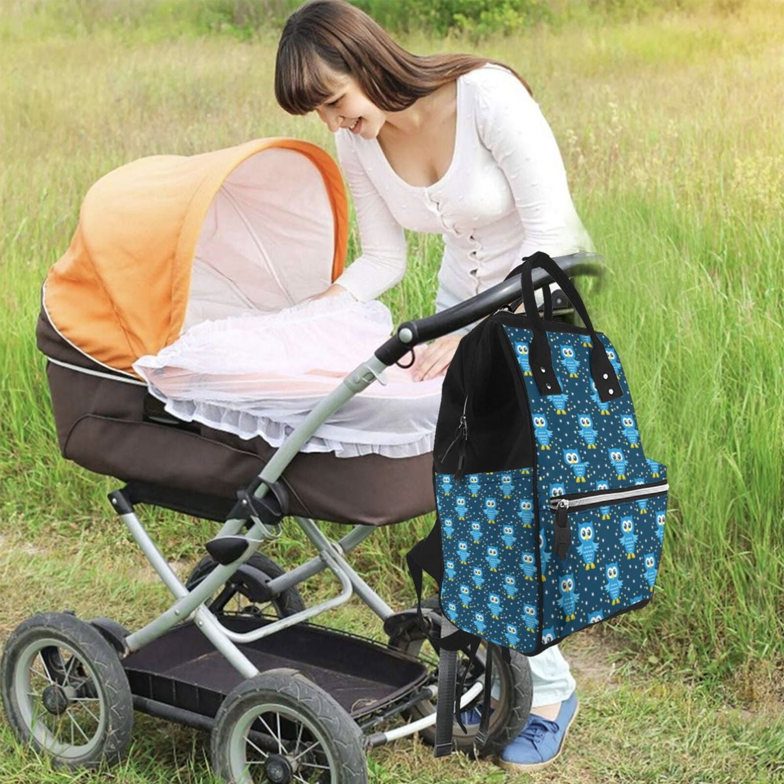 Ratiio Blue Owl Mummy Backpack - Waterproof Twill Canvas, Large Capacity Diaper Bag with Multiple Pockets and Adjustable Straps