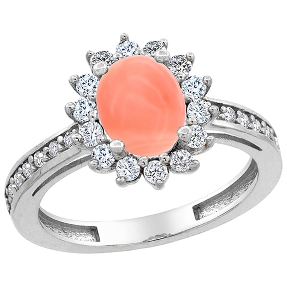 10K White Gold Natural Coral Floral Halo Ring Oval 8x6mm Diamond Accents, size 5