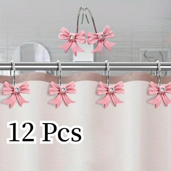 A Set Of 12 Decorative Shower Curtain Hooks With Diamond Bow & Rhinestone Accents - Soft Pink Metal Bathroom Hooks For Elegant Decor, Durable & Stylish Curtain Accessories, Shower Bracket