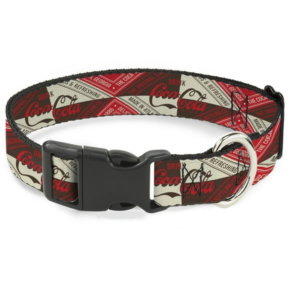 The Coca-Cola Company Pet Collar, Dog Collar Plastic Buckle, Drink Coca Cola Coke Diamond Blocks Red Brown Beige, 7 to 8.5 Inches 0.5 Inch Wide