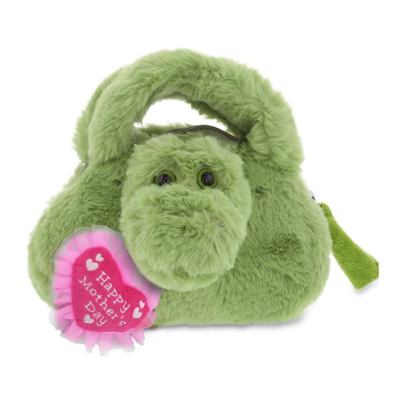 DolliBu Happy Mother's Day Super Soft Plush Alligator Handbag - Cute Stuffed Animal Purse with Pink Heart Message for Best Mommy, Grandma, Wife, Daughter - Cute Wild Life Plush Handbag Gift - 7 Inches