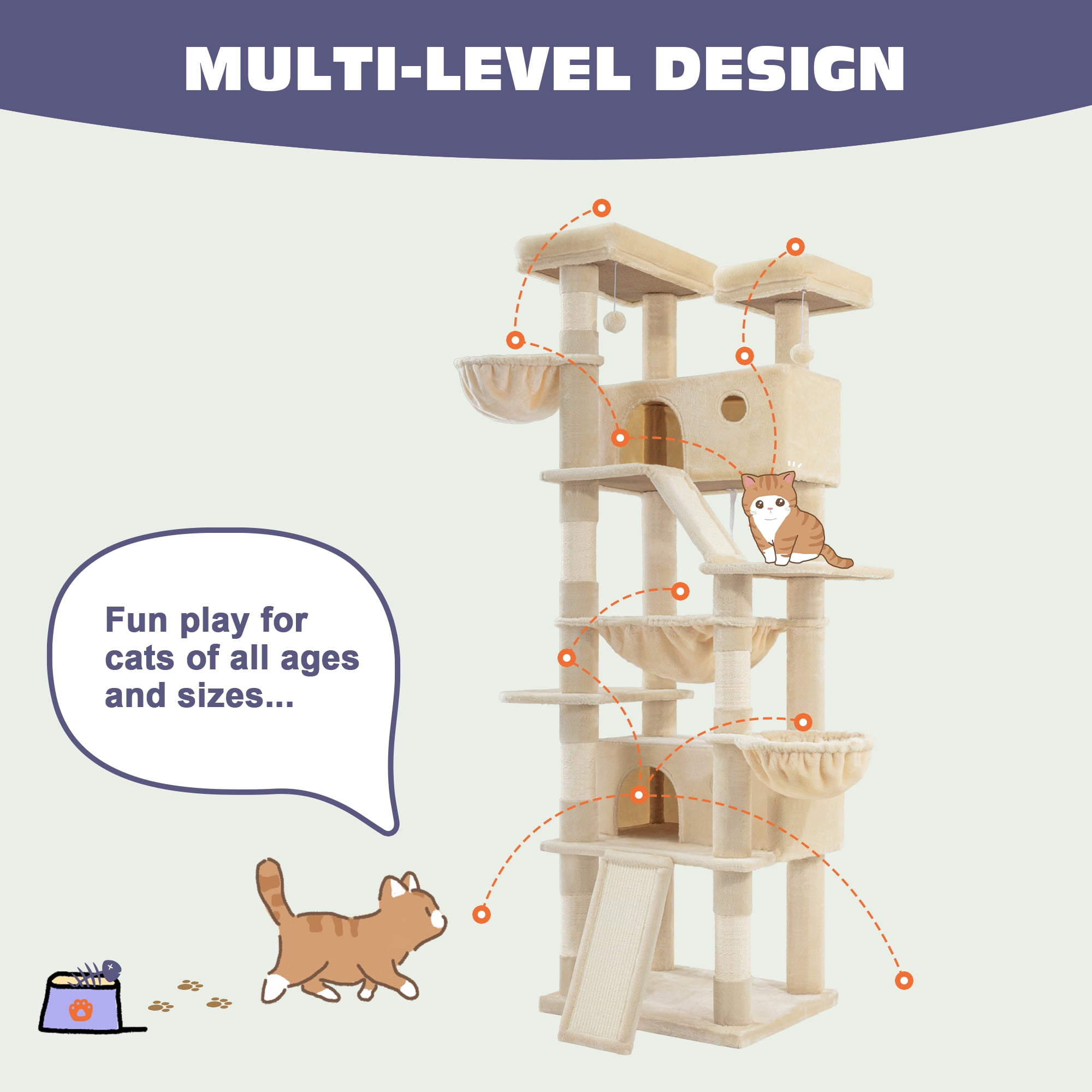 Sifurni 81" Multi-Level Tall Cat Tree Tower for Large Cat with Cat Condo and Hammock, Scratching Post & Scratching Ramp, Beige
