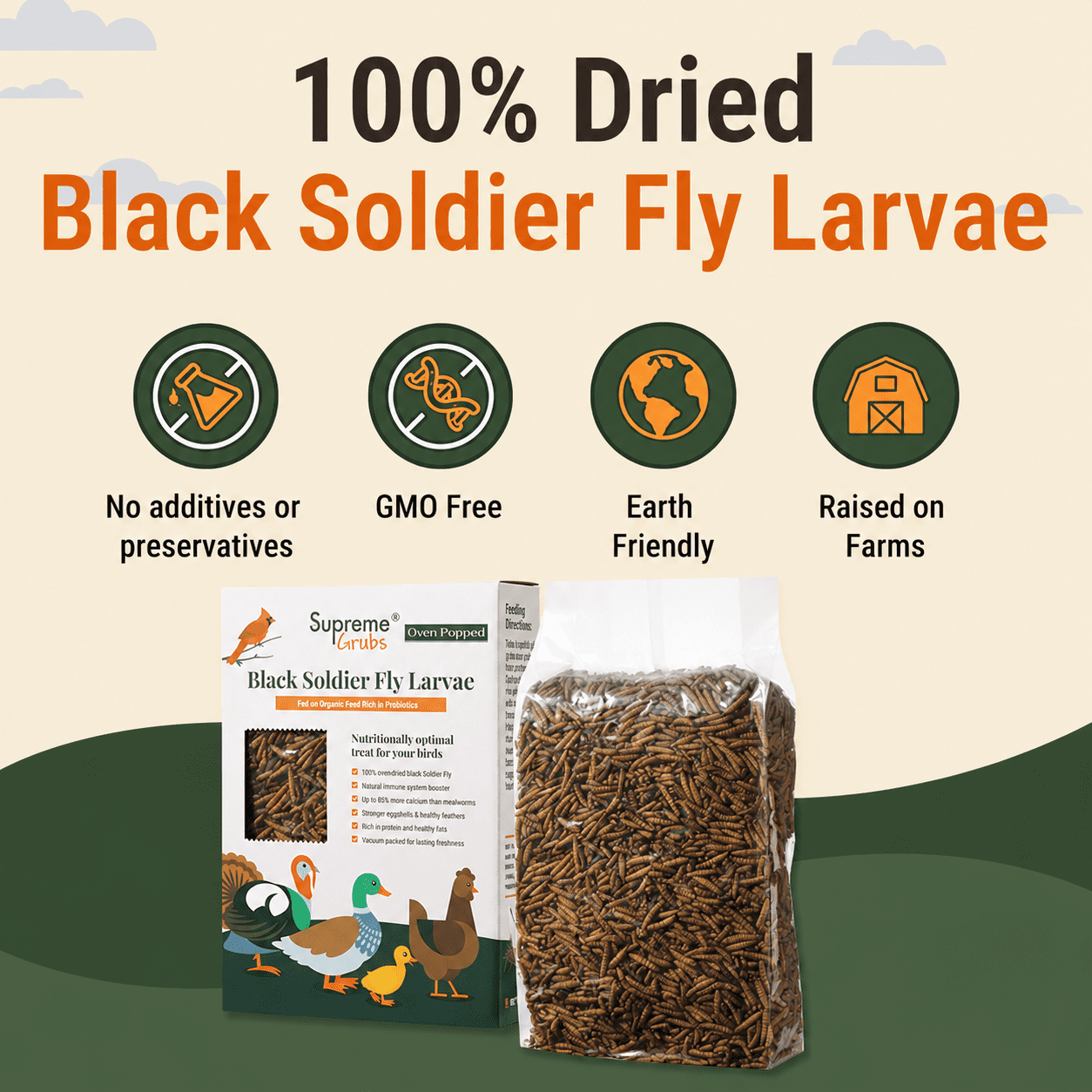 Supreme Grubs Dried Black Soldier Fly Larvae Chicken Treats 5LB – High Calcium, Protein-Rich, All-Natural Poultry Feed Supplement