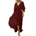 thumbnail image 4 of LLYwey formal Dresses for Women 2024 Summer Casual Half Sleeve Boho Solid V-Neck Split with Belt Dresses New Wrap Dresses Wine S, 4 of 9