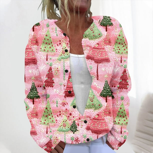 Cárdigan de punto con estampado navideño para mujer, abrigo con botones