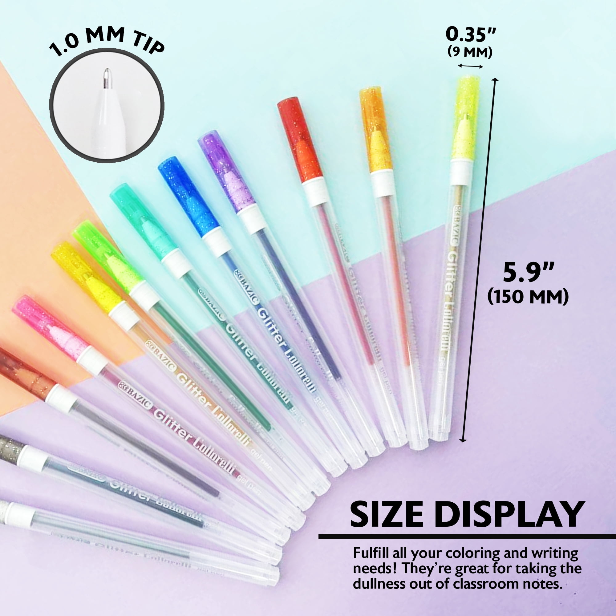 BAZIC Collorelli Gel Pen 1.0mm Glitter Color, Smooth Write, (12/Pack), 24-Pack