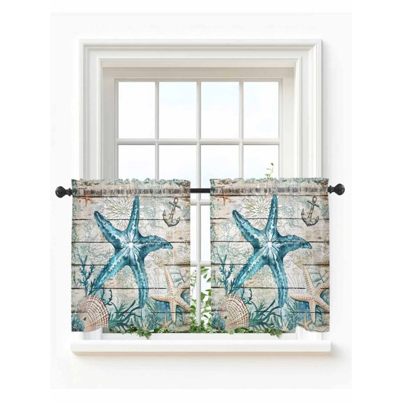 Teal Starfish Coastal Tier Curtains 36 Inch Length,Sheer Curtains for Bedroom Living Room,Summer Beach Nautical Retro Rod Pocket Voile Drapes Kitchen Curtains Small Half Window 27.5"x36" 2 Panels