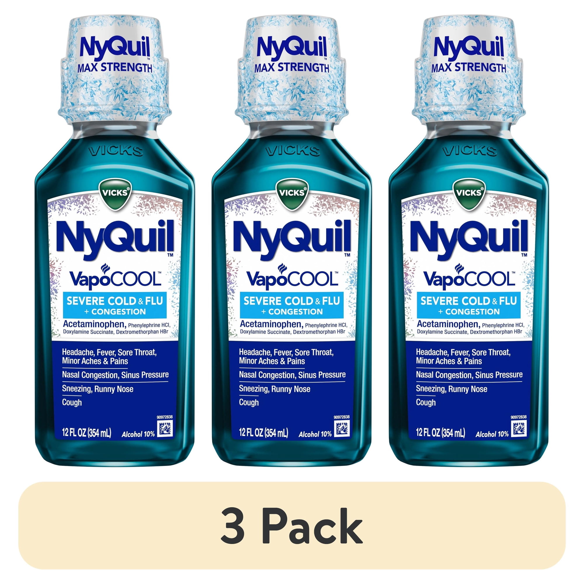(3 pack) Vicks NyQuil VapoCOOL SEVERE Cold, Flu, and Congestion Medicine, Menthol Flavor, 12 fl oz
