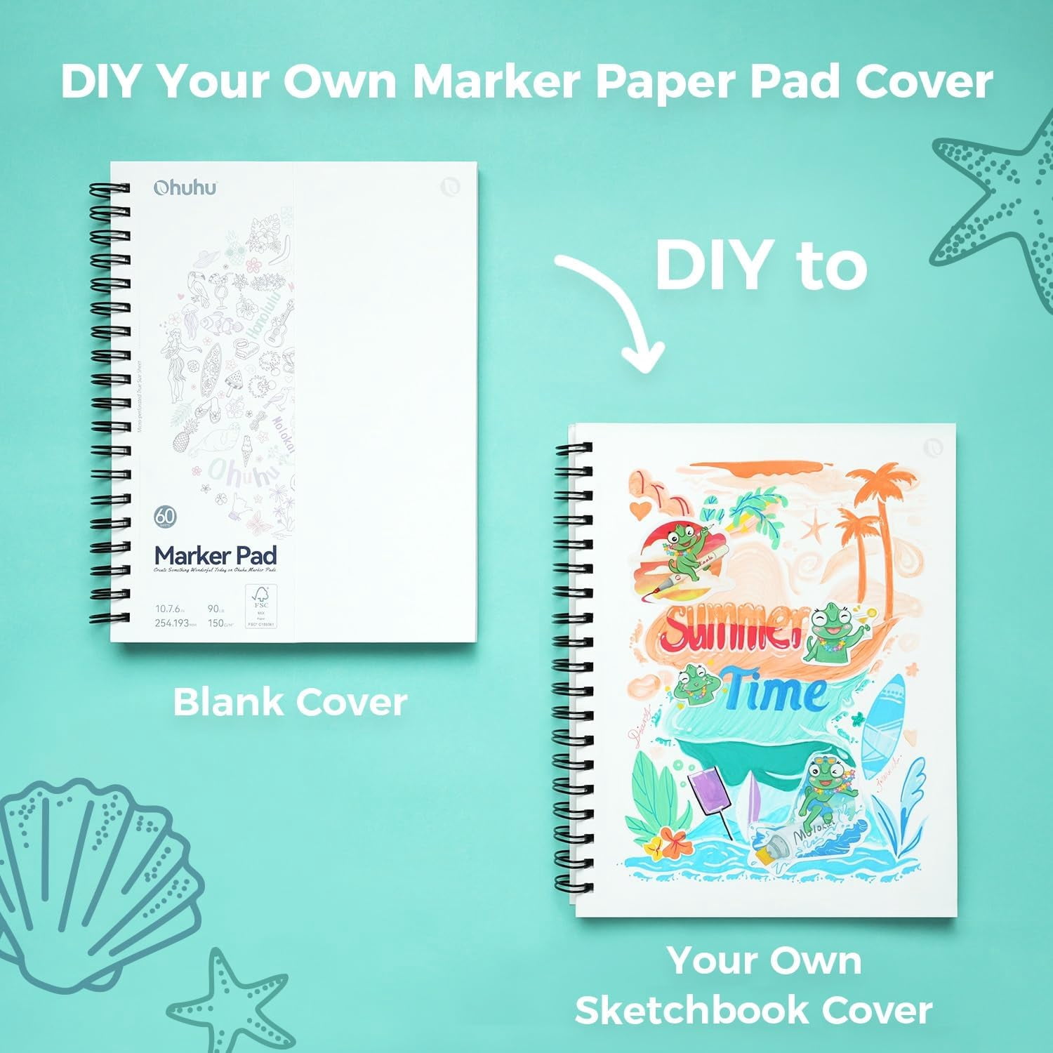 Ohuhu Double-Sided Marker Pad Art Sketchbook Bleedproof 7"x10" 90 lb/150 GSM Smooth Paper 60 Sheets/120 Pages Spiral Bound for Alcohol Markers