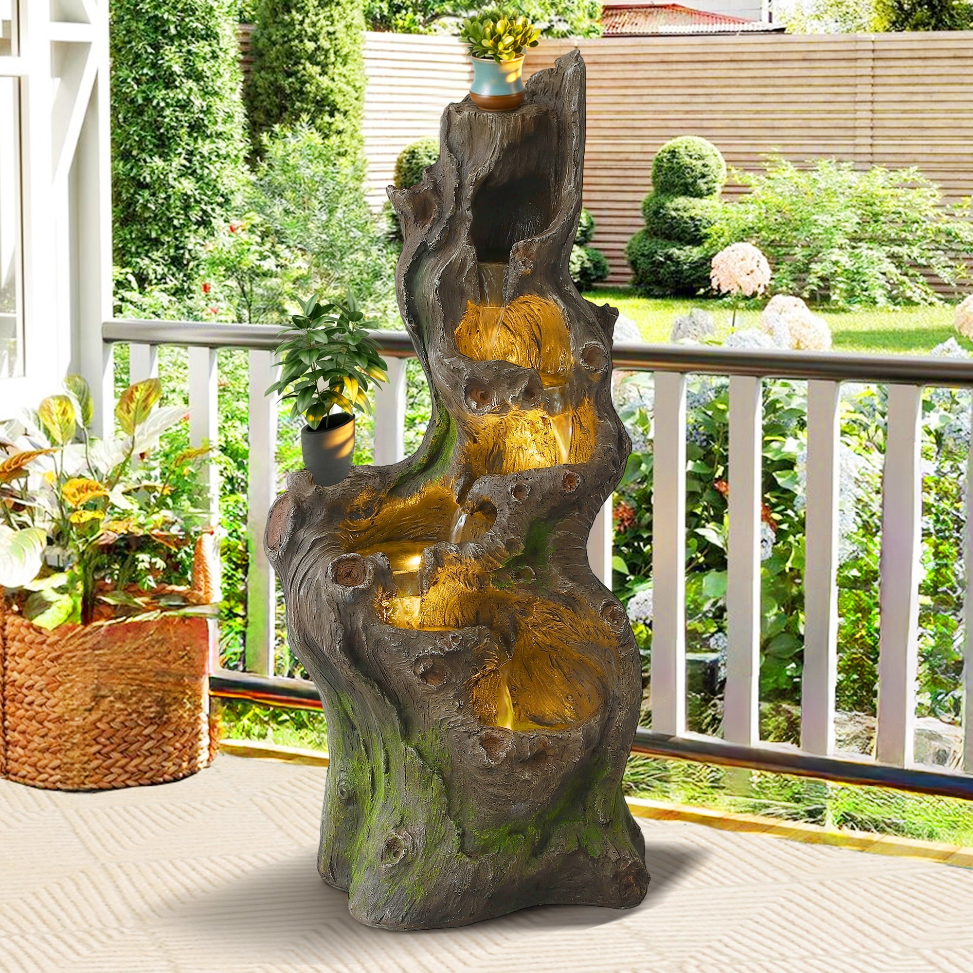Magic Union 40" Outdoor Water Fountain, 6 Tiers Cascading Realistic Tree Trunk Waterfall Fountain with LED Lights, Freestanding Fountain Resin Imitation Wood for Garden Patio Balcony Yard