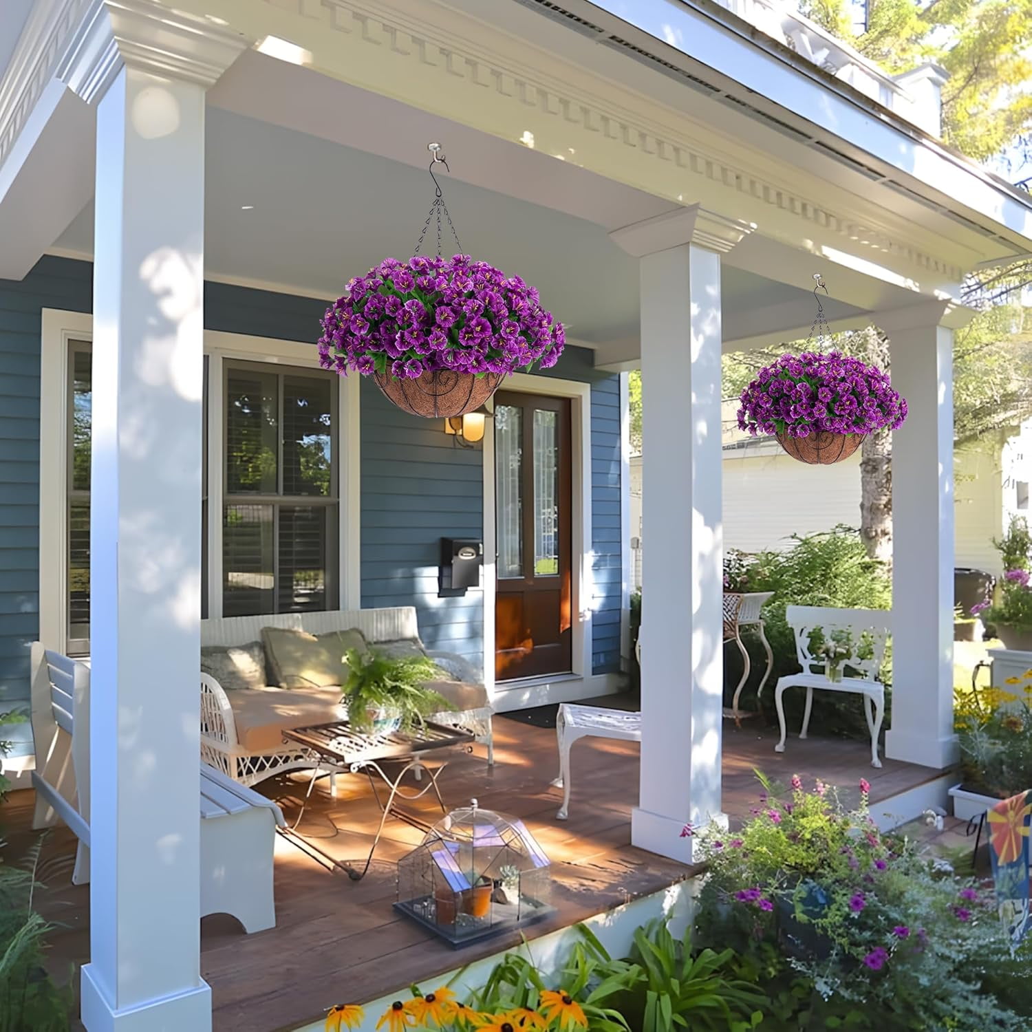 Artificial Fake Hanging Baskets Mums Flowers Plants for Fall Outdoor Decoration,UV Resistant Fake Silk planters Outside Look Real for Home Porch Patio Yard Spring Decor
