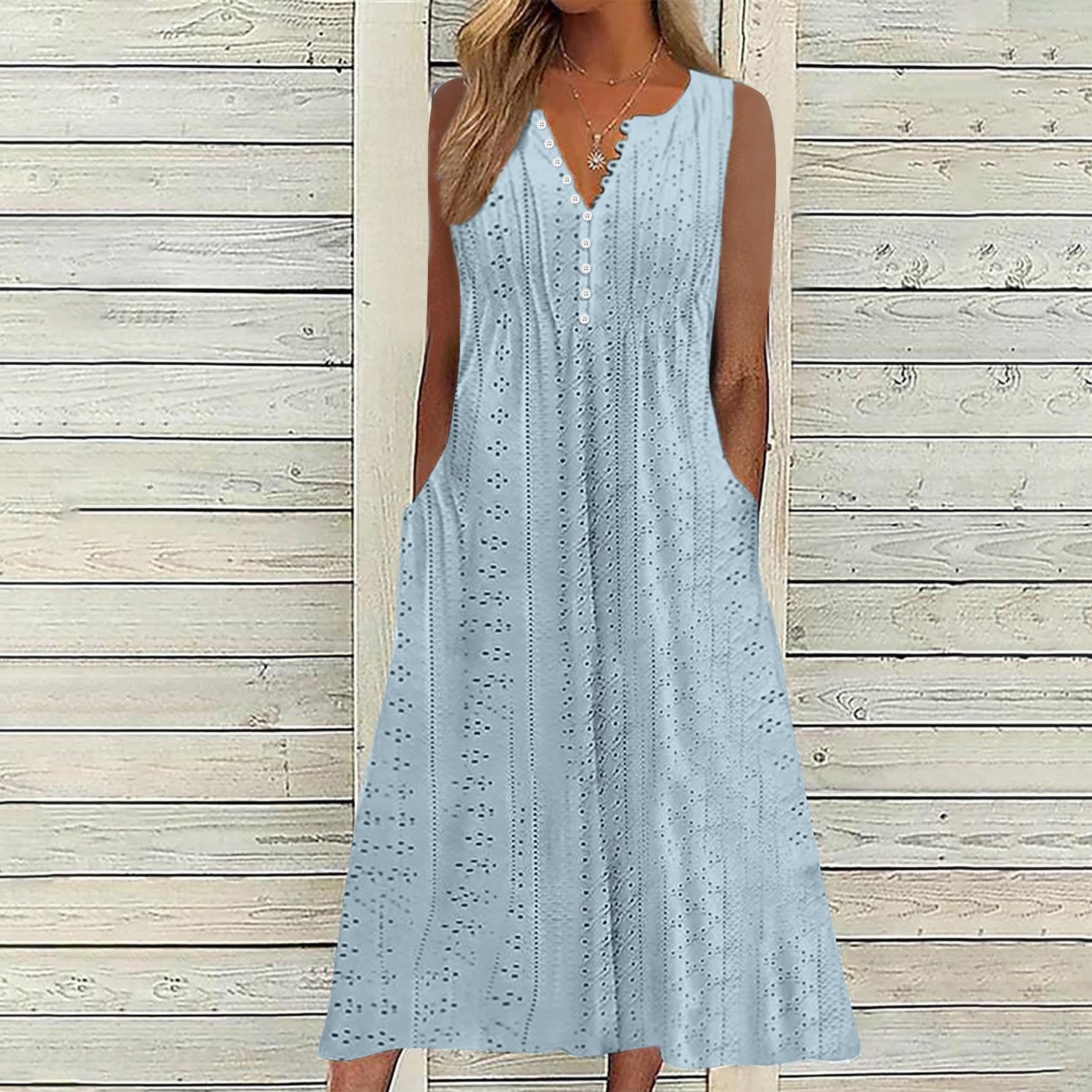 ATOYSOY Women's V Neck Pockets Tea Length A Line Dress Solid Color Beach Sundress Trendy Summer Saving Retro Sleeveless Button Elegant Casual Eyelet Dress for Girls Light Blue L