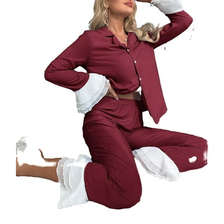 

Women s Pajama Sets Rose Red Elegant Colorblock Lapel Pant Sets Long Sleeve