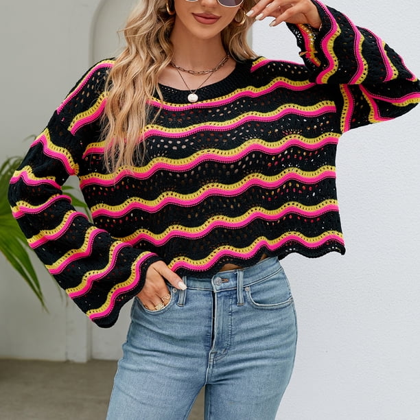 Suéter De Punto Jerséis básicos para mujer, informal, con cuello redondo a rayas en contraste, traje de vacaciones calado Cgtredaw Xl Negro para Mujer
