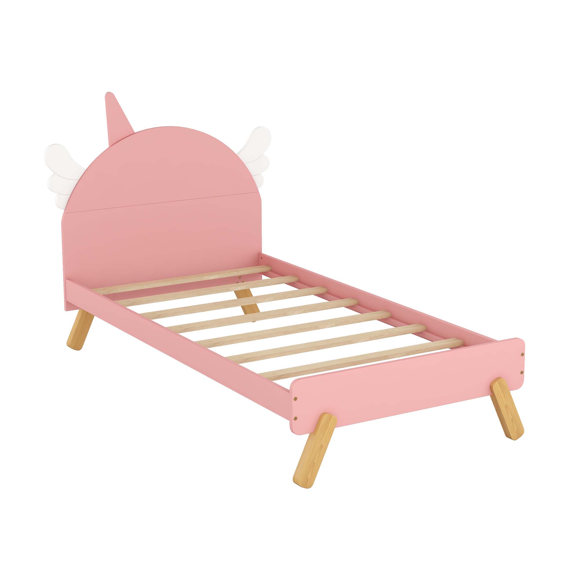 Aukfa Platform Bed with Unicorn Horn Headboard for Kids, Twin Bed Frame, Wooden - Pink