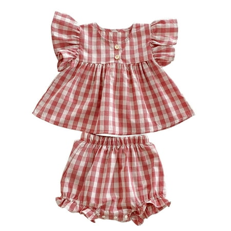 AJTQTH 2PC Set for Girls Kids Summer Plaid Cotton Clothes Flutter Sleeve Round Neck Button Ruffles Tops Tees Tshirts with Toddler Elastic Waist Shorts Bloomers Red 6 Months