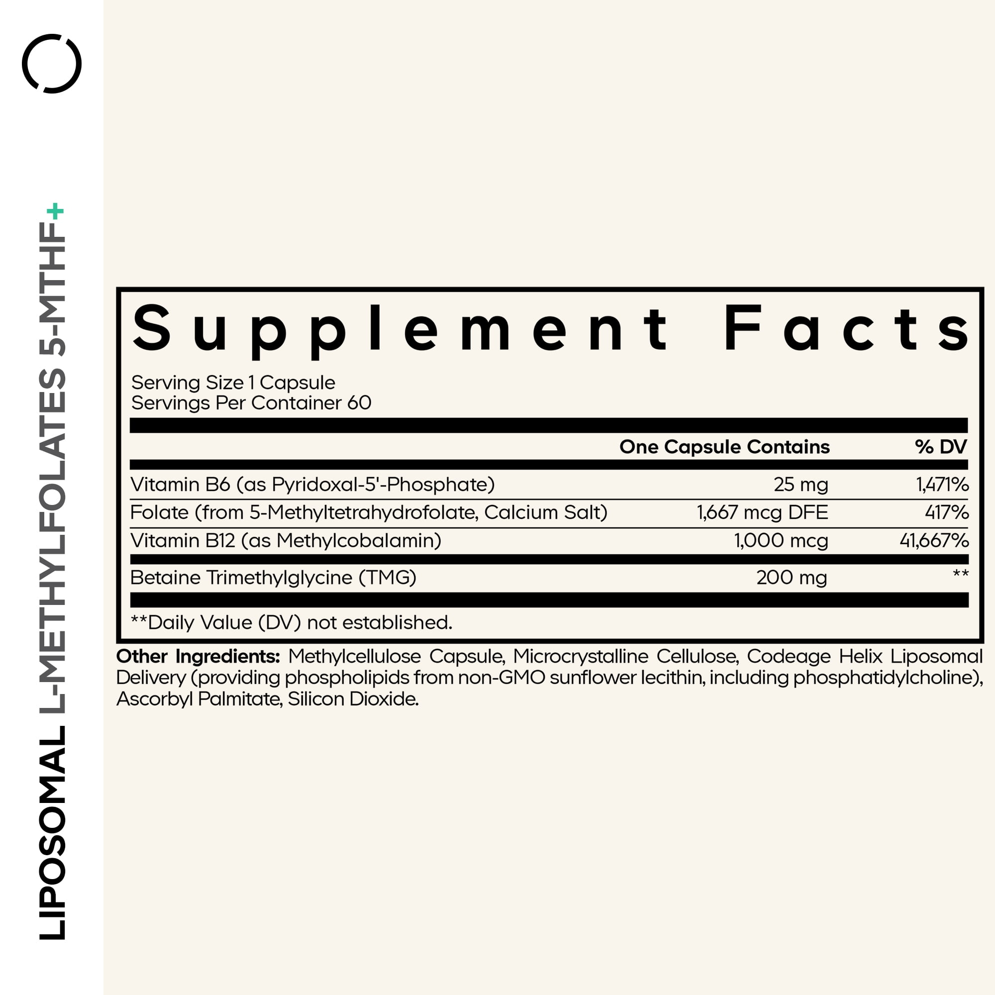 Codeage Liposomal L-Methylfolate 5-MTHF+ - Active Vitamin B9, Methylcobalamin B12, Betaine TMG, B6-2-Month Supply Multivitamins - Liposomal Delivery - Bioavailable B-Vitamin Complex - 60 Capsules