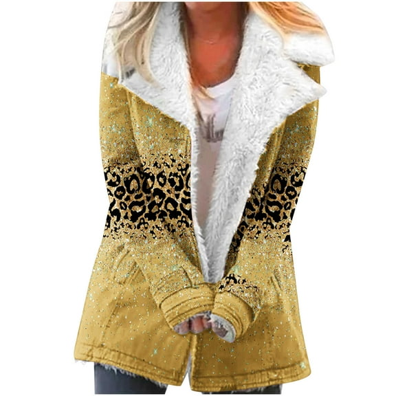 Usmixi 2023 Plush Jacket for Women Womens Plush Coat Vintage Leopard Print Button Loose Lapel Overcoat Warm Thickened Soft Fleece Padded Outerwear with Pocket Winter Plush Jacket