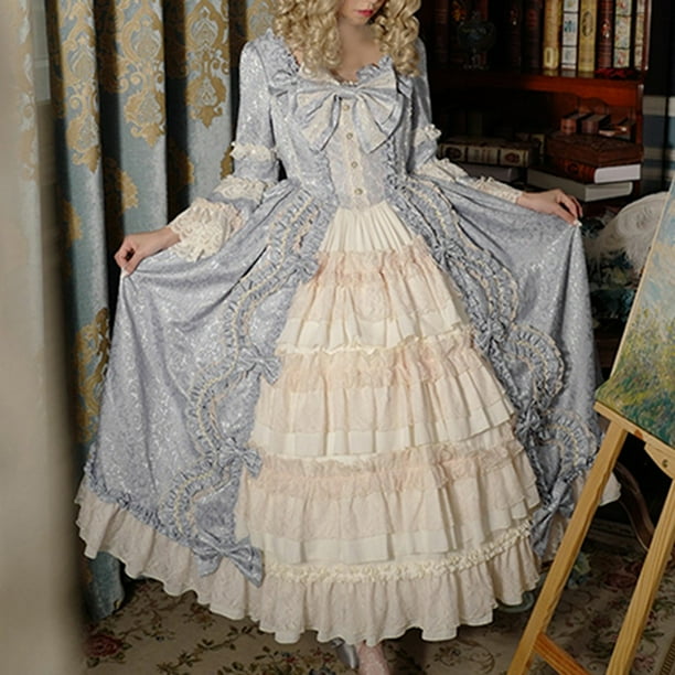 ICHUANYI Clearance Fashion Women Vintage Gothic Court Square Collar Patchwork Bow Dress(Blue, M) ICHUANYI WER2023080900911