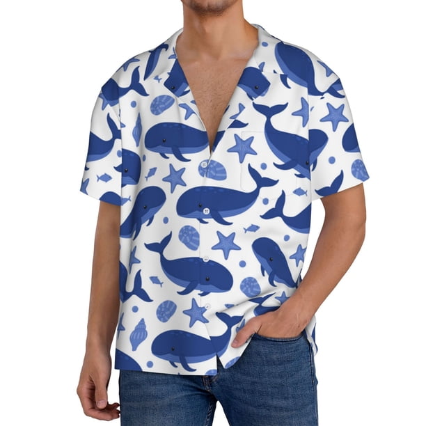 Fotbe Whale Camisa Estampada de Manga Corta para Hombre, Casual de Verano, Estilo Playero, Sin Arrugas-Medium