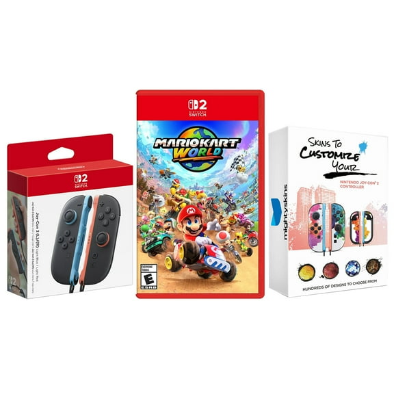 Nintendo Switch 2 Joy-Cons Blue/Red with Mario Kart World and MightySkins Code Bundle