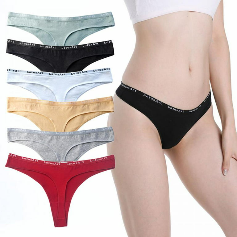 Women's 6 Pack Cotton Thong Underwear Elastic Waistband Logo Printed T-back  Panties 
