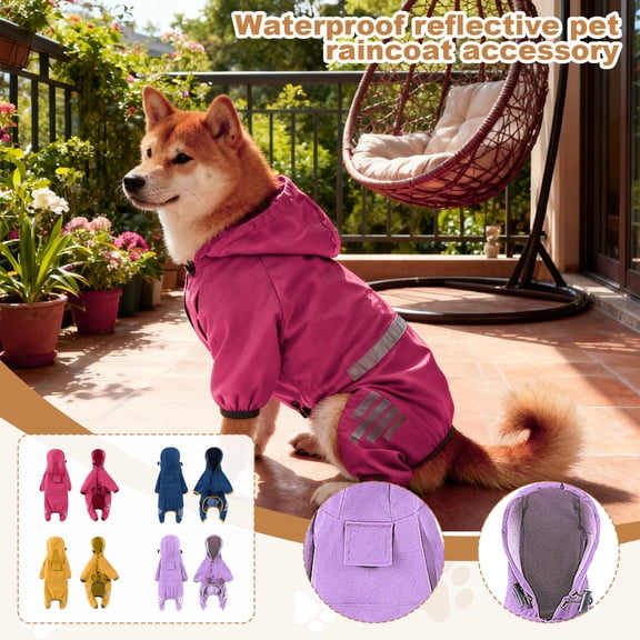 Pink Four-Legged Pet Raincoats with Hoods, Reflective Waterproof Dog Rain Jackets, Adjustable & Easy on/off Outdoor Canine Outerwear for Daily Walks, Hikes and Emergency Storm