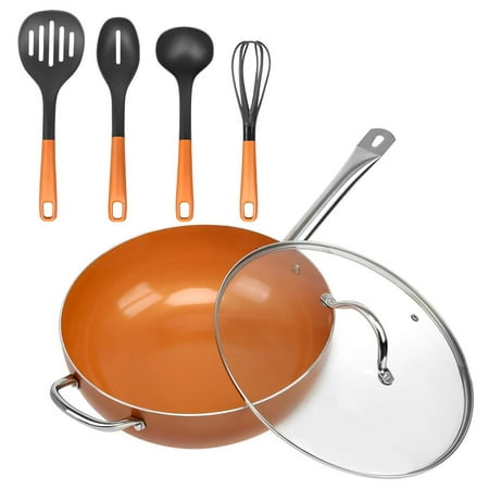 SHINEURI 6-Piece Copper Cookware Set 12 inch Nonstick Woks and Stir Fry Pans with Lid, 4 Piece set Kitchen Silicone Cooking Utensils - Dishwasher Safe, PFOA/PTFE (Best Cooking Pan Material)