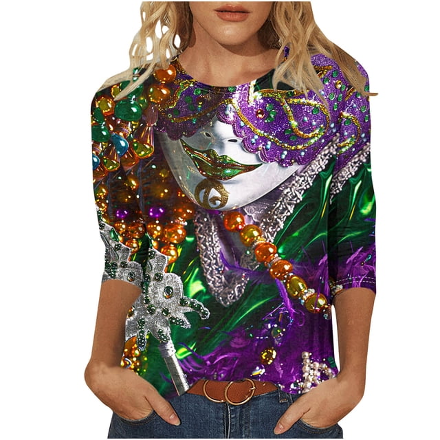 Penkiiy Blouse de Carnaval Manches 3/4 Chemise de Printemps Tee Quotidien Imprimé Masque Blouse Mardi Gras Col Rond 2024 Tee Tunique Habillée 2TG Multicolore