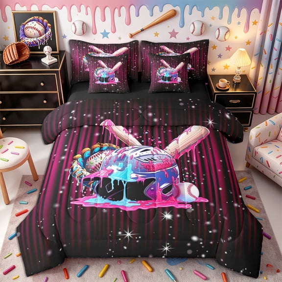 Castle Fairy Baseball Glove Bat Twin Bedding 7-Piece, Ice Cream Stripes Bedding Comforter Set, Pink Magenta,Black Reversible